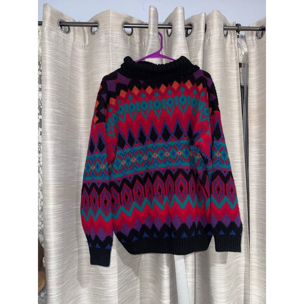 Sakura Sport vintage chunky knit geometric turtleneck 1980s sweater size large